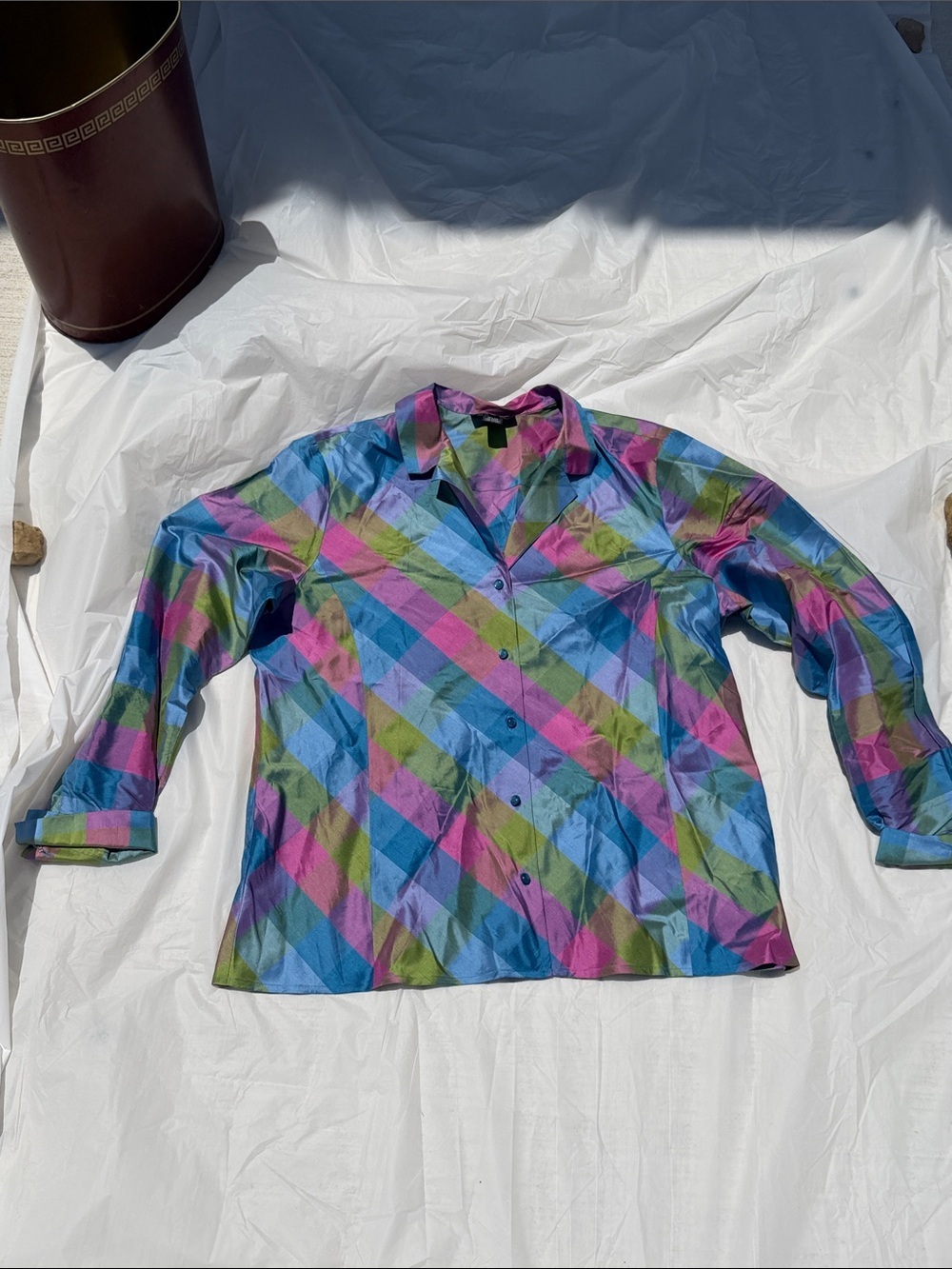 Vintage Jones New York Multicolor Diagonal Plaid Button-Down Shirt  silk